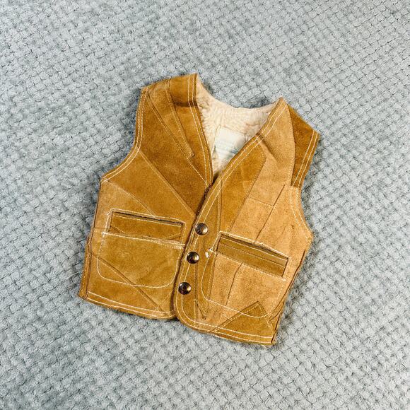 Vintage BABY Brown Leather Patchwork Leather Sherpa Lined Western Vest - Picture 1 of 6